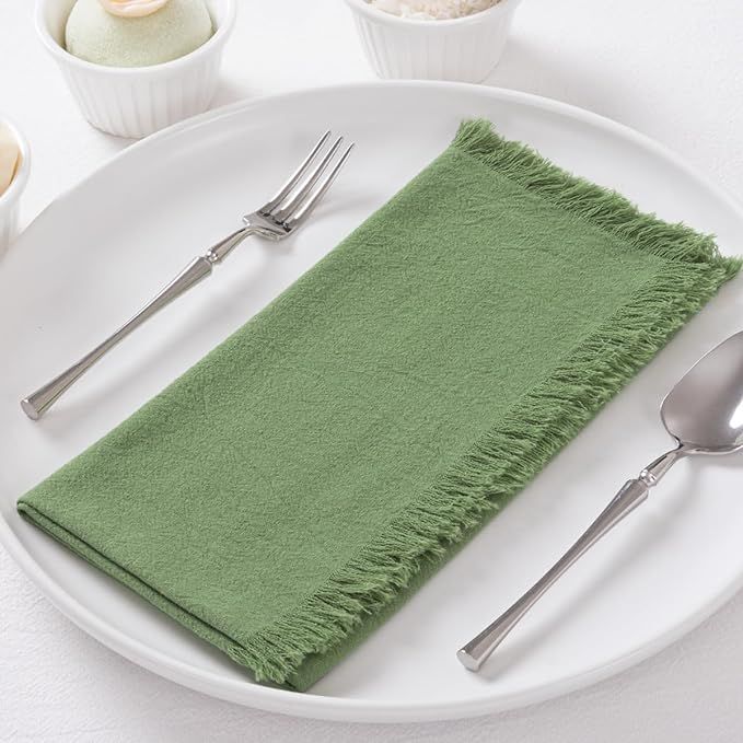 12Pack Sage Green Cotton Linen Napkins with Fringe Soft Boho Cloth Napkins Set of 12 Handmade Din... | Amazon (US)