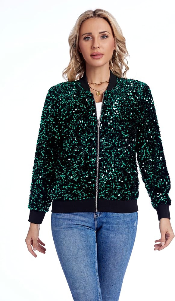 Women's Sequin Jacket Long Sleeve Blazer Glitter Front Zip With Pockets Casual Sparkly Party Velv... | Amazon (US)