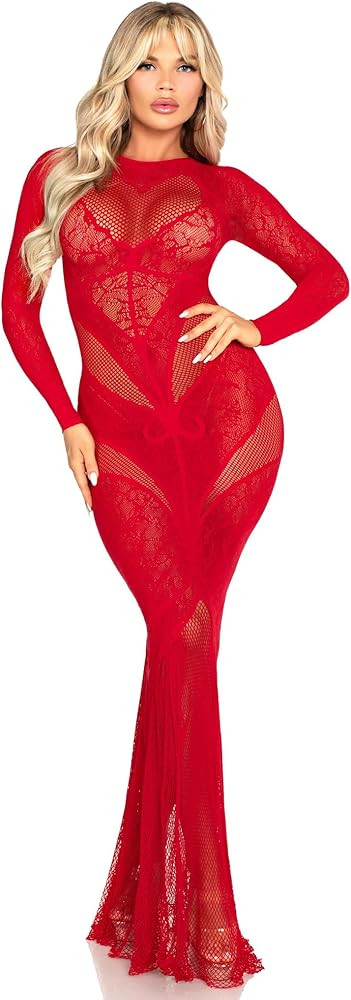 Leg Avenue Women's Lace Body Con Gown with Heart Net Detail | Amazon (US)
