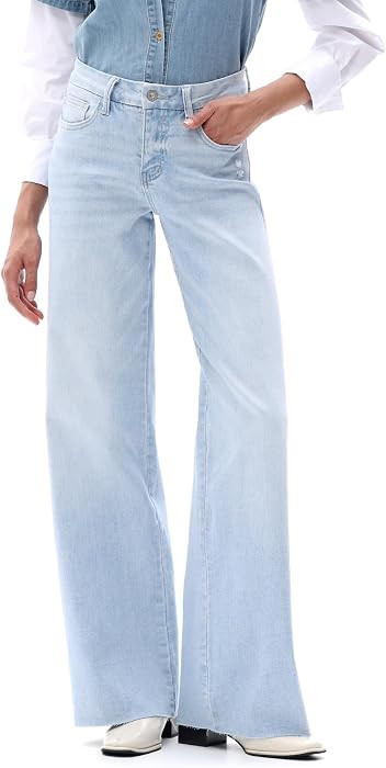 ONESO Women's Wide Leg Jeans Mid Rise High Stretch Denim Pants Raw Hem | Amazon (US)