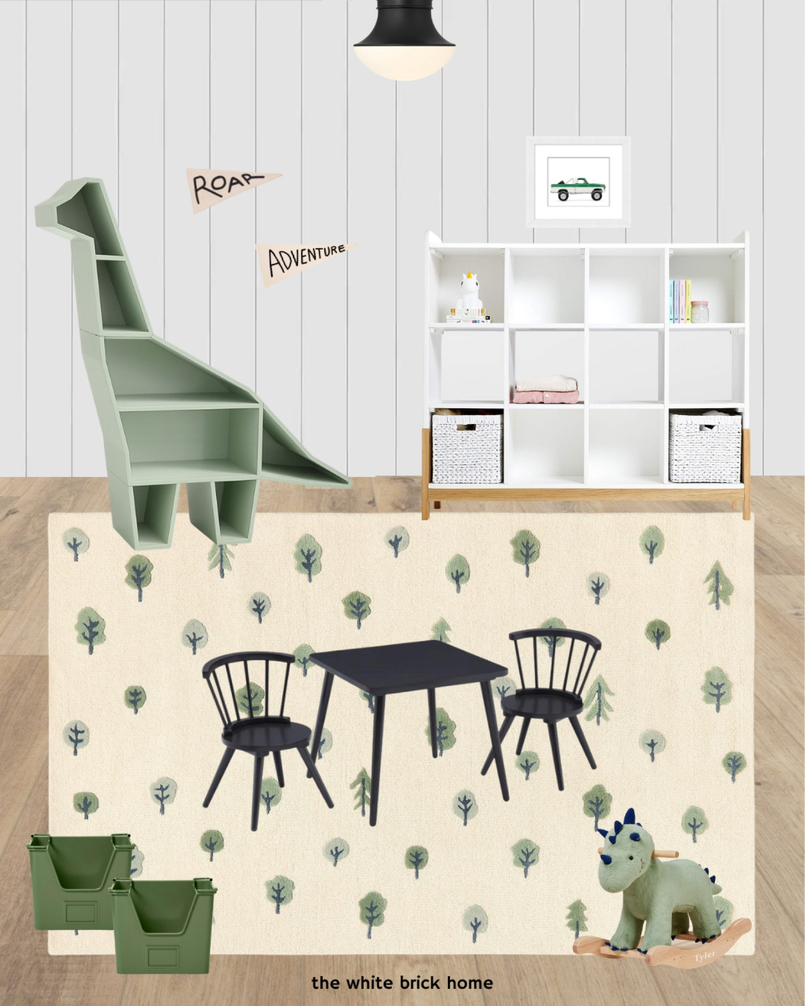 Love this green playroom design - I love this rug, and it would look great paired with a few green and black accents! 

Playroom, play table, play room rug, dinosaur room, bedroom, toy storage, toy bins, wall pennant Etsy, pottery barn kids, target, crate and kids, play room wall art, minted. 

#LTKkids #LTKGiftGuide #LTKhome
