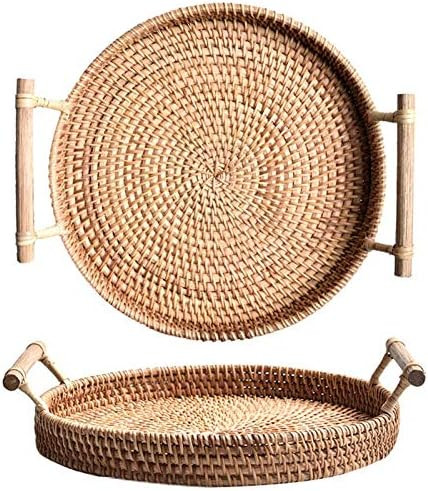 YANGQIHOME Rattan Round Bread Serving Basket Handcrafted Bread Serving Tray Platter with Wooden H... | Amazon (US)