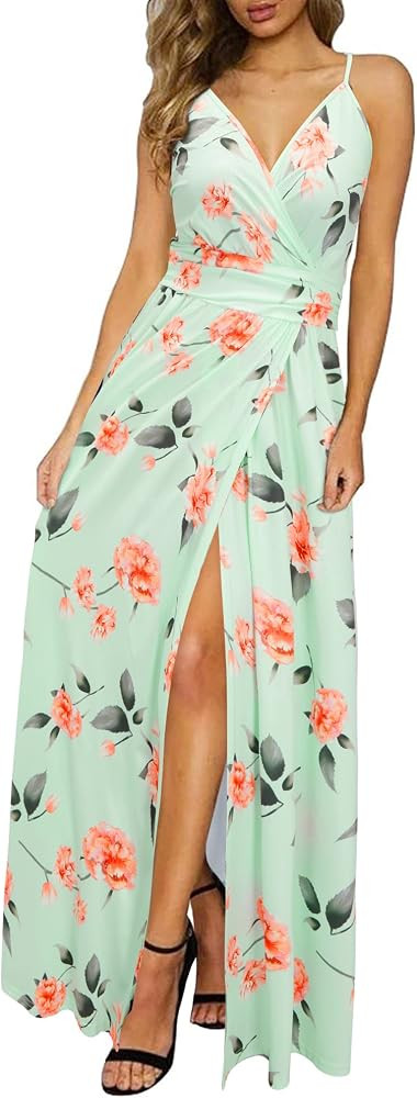 Newshows Women Summer 2025 Maxi Dress Vacation Floral Spaghetti Strap Spring Casual Boho Split Be... | Amazon (US)