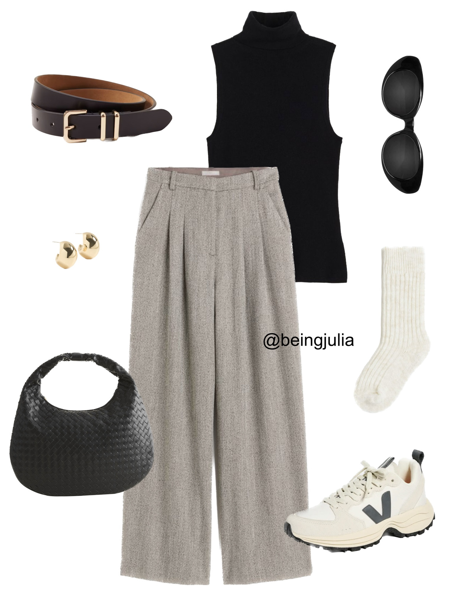 Fall workwear outfit inspiration - details below!
-Wide leg pants from H&M
-Cashmere blend sleeveless turtleneck top from H&M
-Woven black shoulder bag from Abercrombie 
-Black square buckle belt from Abercrombie 
-Celine Triomphe 52mm sunglasses in black acetate 
-Wool blend socks from H&M
-Veja Venturi sneakers
-Gold chunky earrings from Shopbop 



#LTKSeasonal #LTKworkwear #LTKstyletip