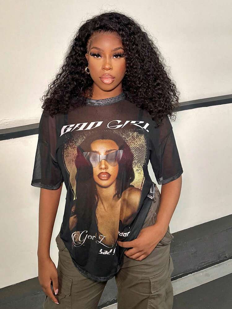 Slaydiva Music Festival Beach Vacation Casual Everyday Versatility Sexy Street Character And Letter Pattern Off Shoulder Mesh Short Sleeve Oversized/Graphic Tees Women/Graphic Tees/Graphic Tee/ Women's T-Shirt | SHEIN