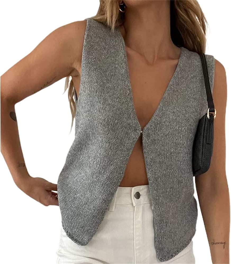 Women Crochet Vest Top Y2k Knit V Neck Sleeveless Button Down Vintage Casual Streetwear | Amazon (US)