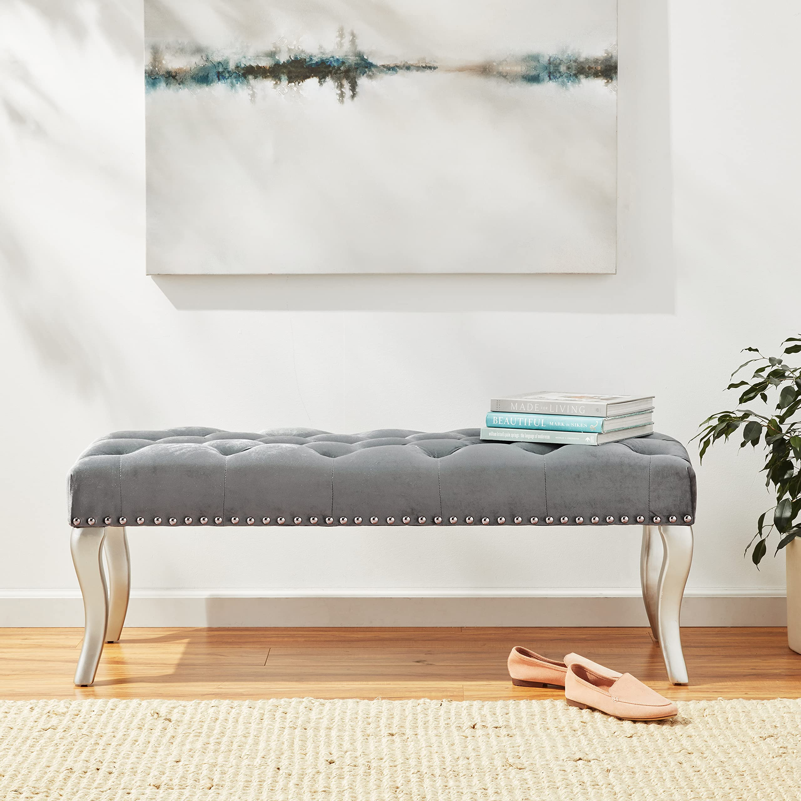 Roundhill Furniture Decor Maxem Tufted Fabric Upholstered Seat with Nailhead Trim Bench, Gray | Amazon (US)