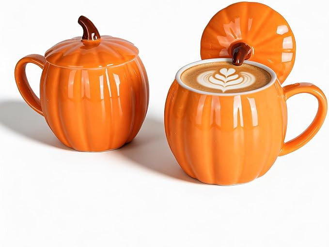 12Oz Ceramic Halloween Pumpkin Mug With Lid Set Of 2 For Fall ＆ Autumn | Amazon (US)