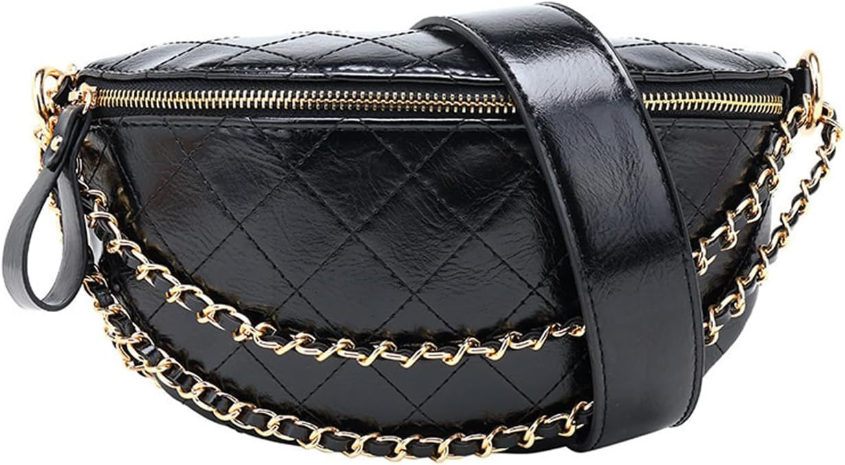Leather Fanny Pack for Women Crossbody, Dressy Belt Bag with Gold Chain - Black Luxury Waist Purs... | Amazon (US)