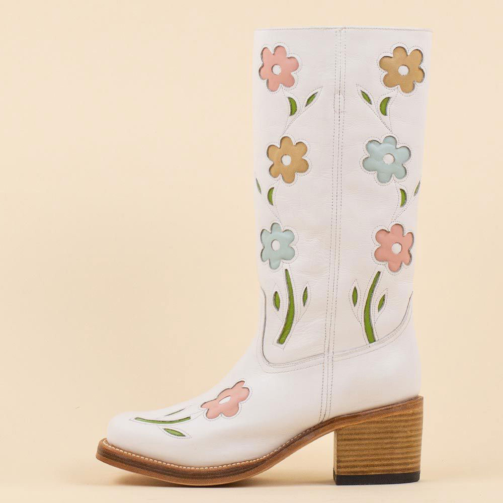 Square Toe Block Heel Flower Mid Calf Cowgirl Boots in White | FSJshoes.com