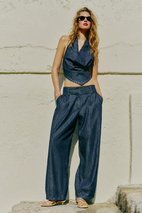 Zara - Open-Back Studded Halter Top - Blue - Xs - Woman | Zara US