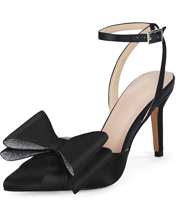 Coutgo Bow Black Heels for Women Rhinestone Closed Toe High Heel Strappy Dress Wedding Bridal Pum... | Amazon (US)