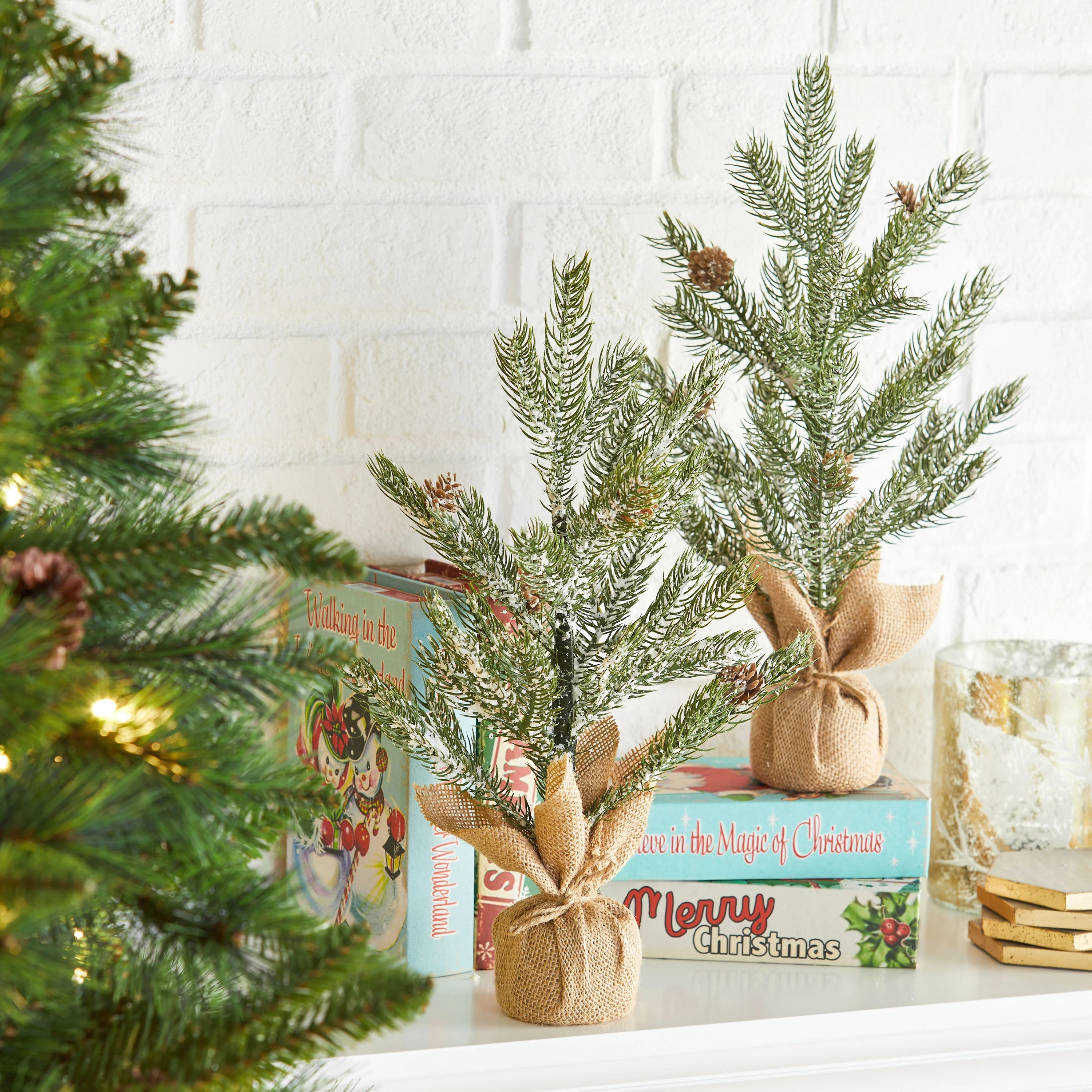 Holiday Time Mini Potted Trees with Natural Burlap Fabric Base, 16", 2 Count - Walmart.com | Walmart (US)