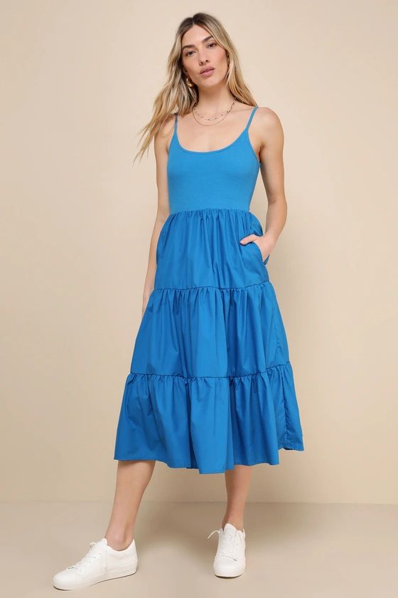 Lovable Cutie Blue Sleeveless Tiered Midi Dress With Pockets | Lulus