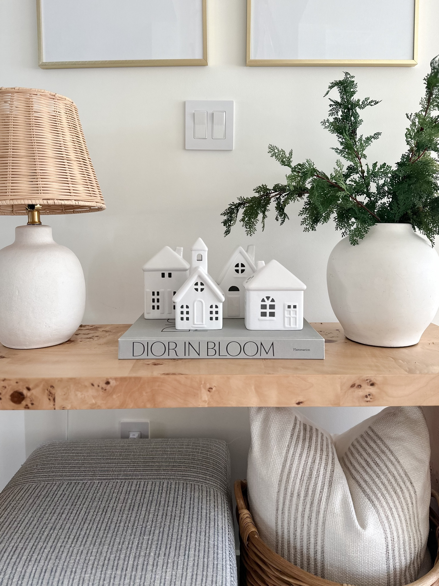 White Christmas village houses, white, rattan lamp, faux cedar stems, white vase, Christmas decorations 

#LTKfindsunder50 #LTKhome #LTKSeasonal