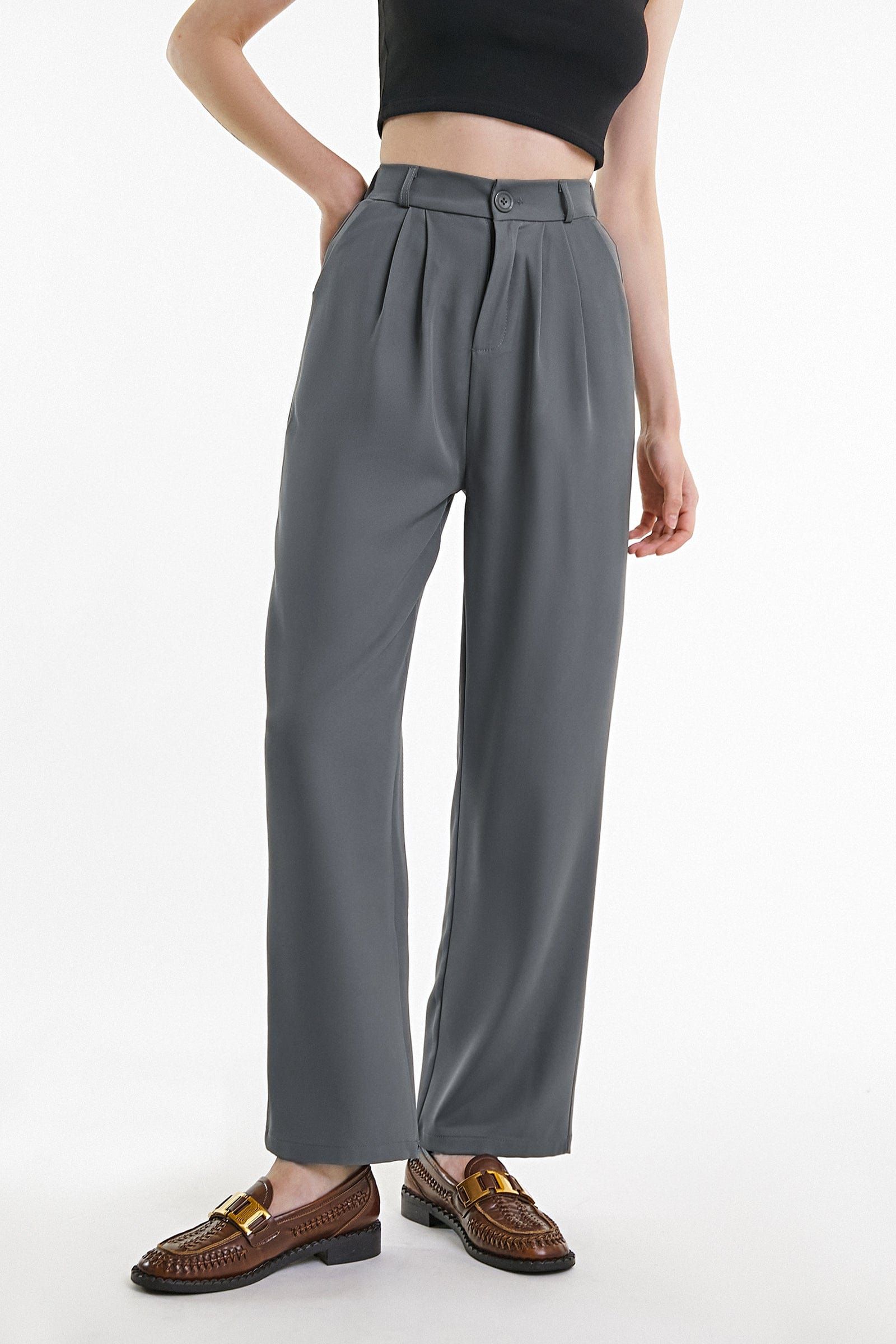 Dim Grey Half Elastic Pleat Detail Wide Leg Suit Pants | J.ING