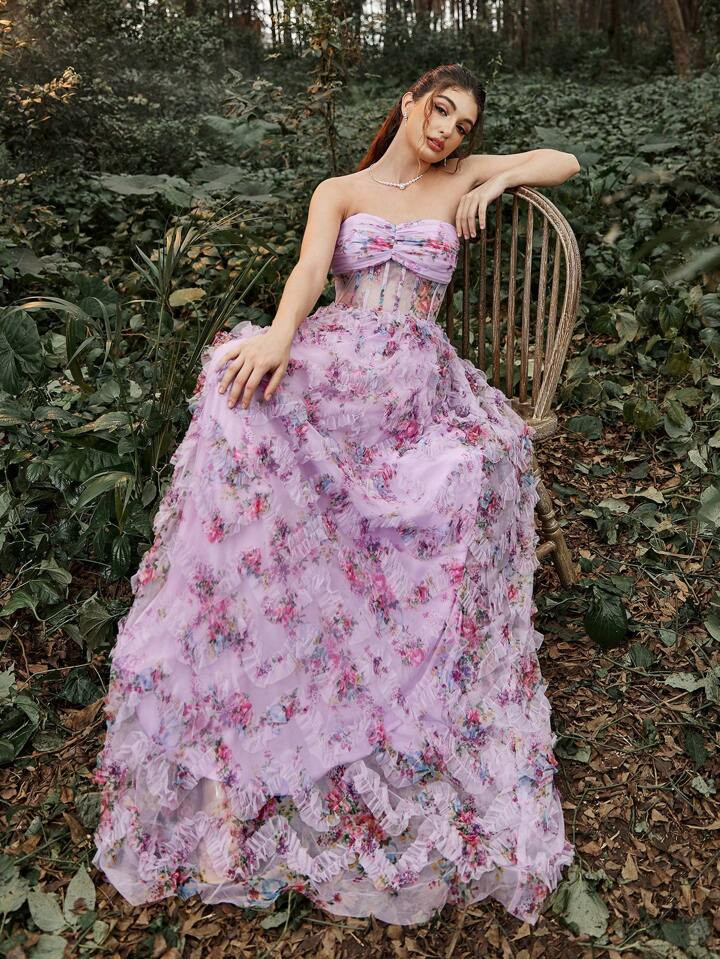 Ruched Bustier Ruffle Trim Hem Floral Print Tube Dress | SHEIN