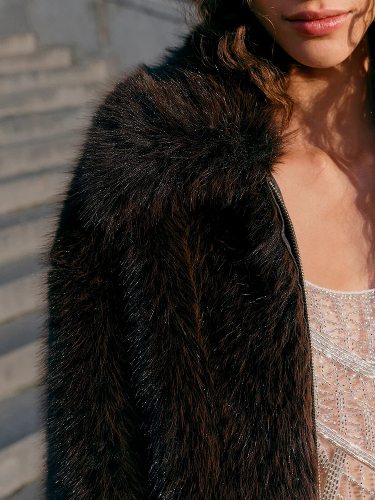 Chocolate Brown Faux Fur Zip Through Jacket | Next EU