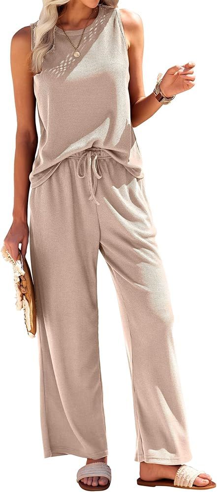 Ekouaer Womens Pajamas 2 Piece Lounge Set Waffle Knit Loungewear Sleeveless Tank Top with Long Pa... | Amazon (US)