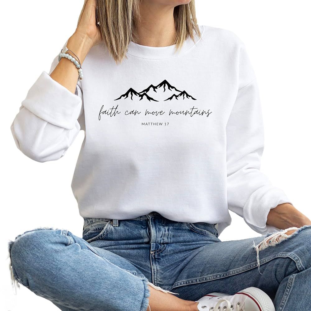 Faith can move mountains Sweatshirt Christian Long Sleeve Shirts Jesus Faith Cross Graphic Casual... | Amazon (US)