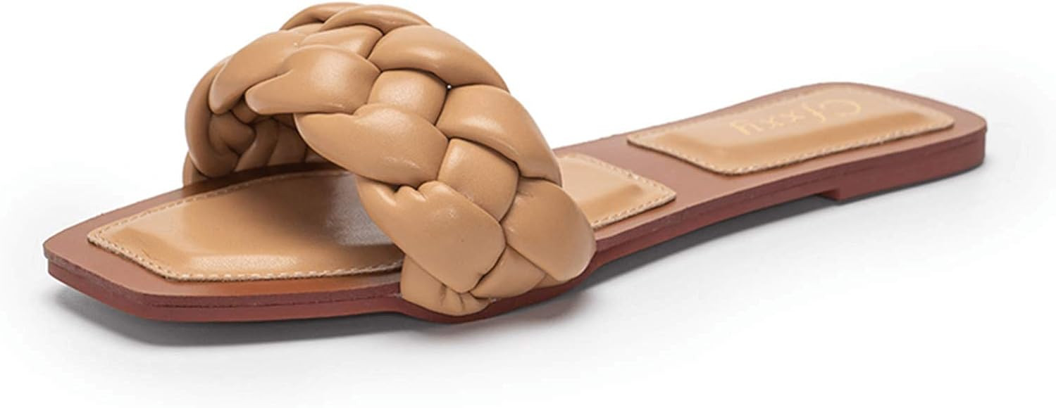 Womens Square Open Toe Flat Sandals Braided Strap Slide Sandals Slip On Slides | Amazon (US)