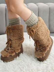 Faux Fur Snow Boots For Women Fuzzy Fluffy Furry Lace Up Mid Calf Boots Winter Warm Fur Boots For... | SHEIN