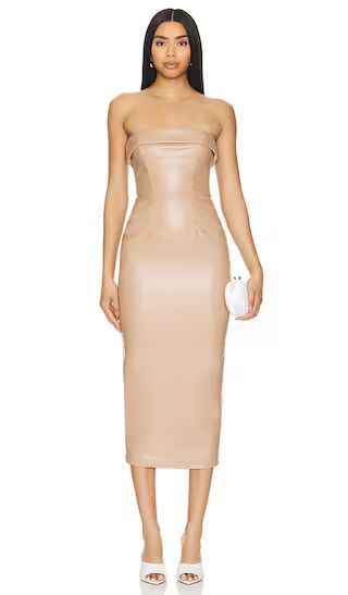 Cleo Strapless Midi Dress in Latte | Revolve Clothing (Global)