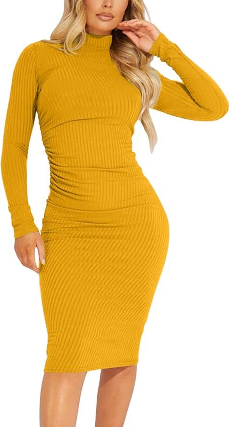 Kaximil Women's Ribbed Basic Casual Midi Dress Long Sleeve Bodycon Ruched Club Dresses | Amazon (US)