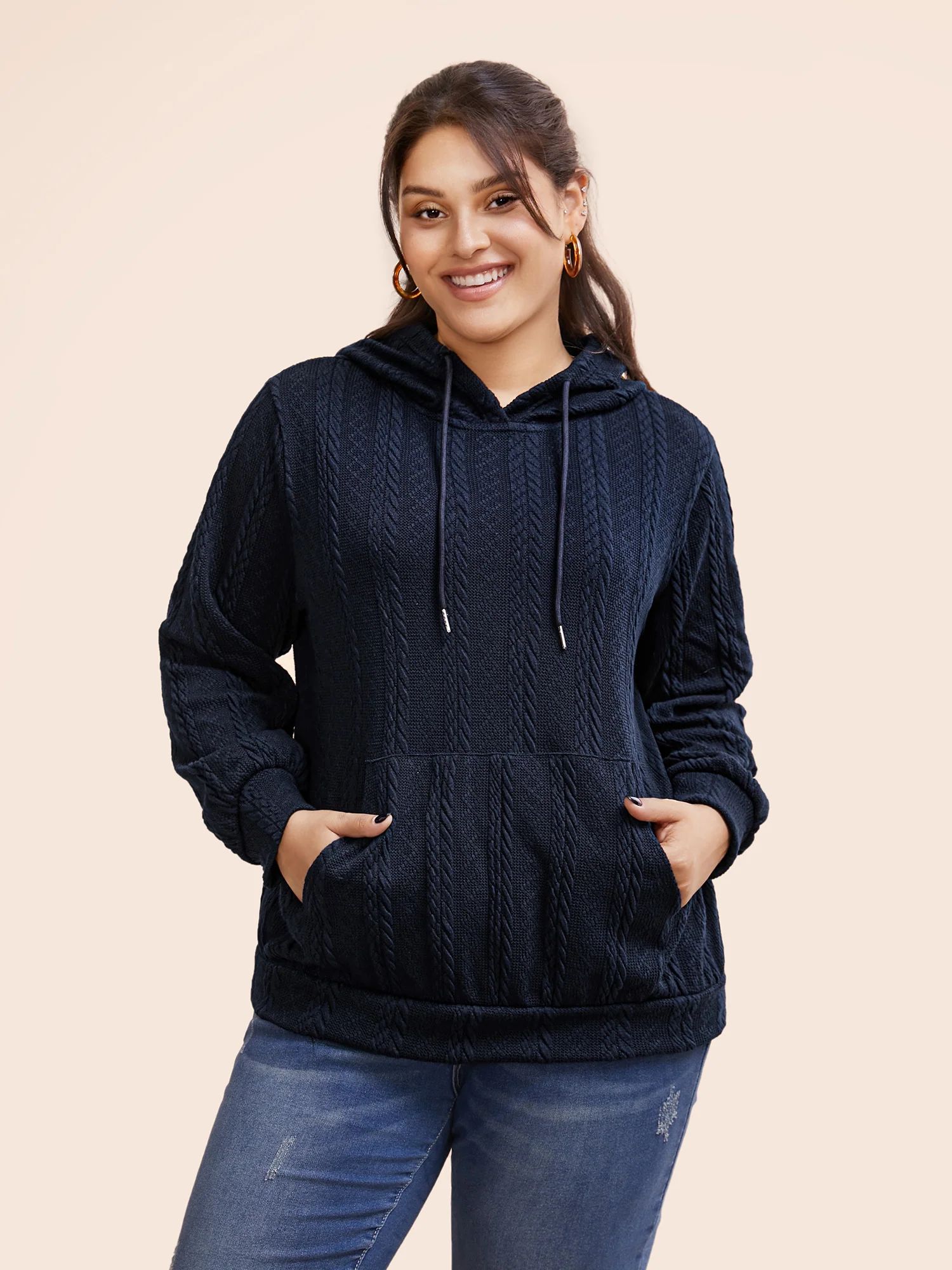 Solid Cable Knit Hooded Drawstring Sweatshirt | Bloomchic