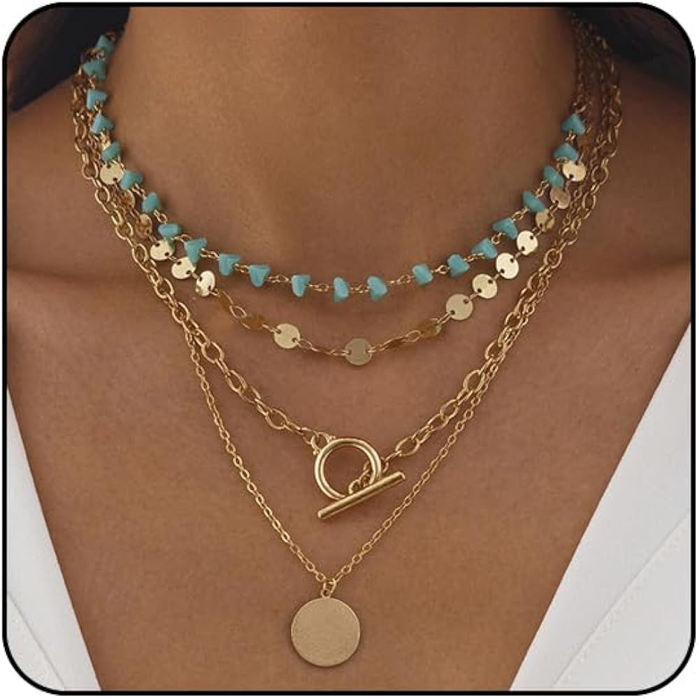 Boho Necklaces for Women Layered Turquoise Beaded Choker Necklace Western Jewelry for Women Sequi... | Amazon (US)