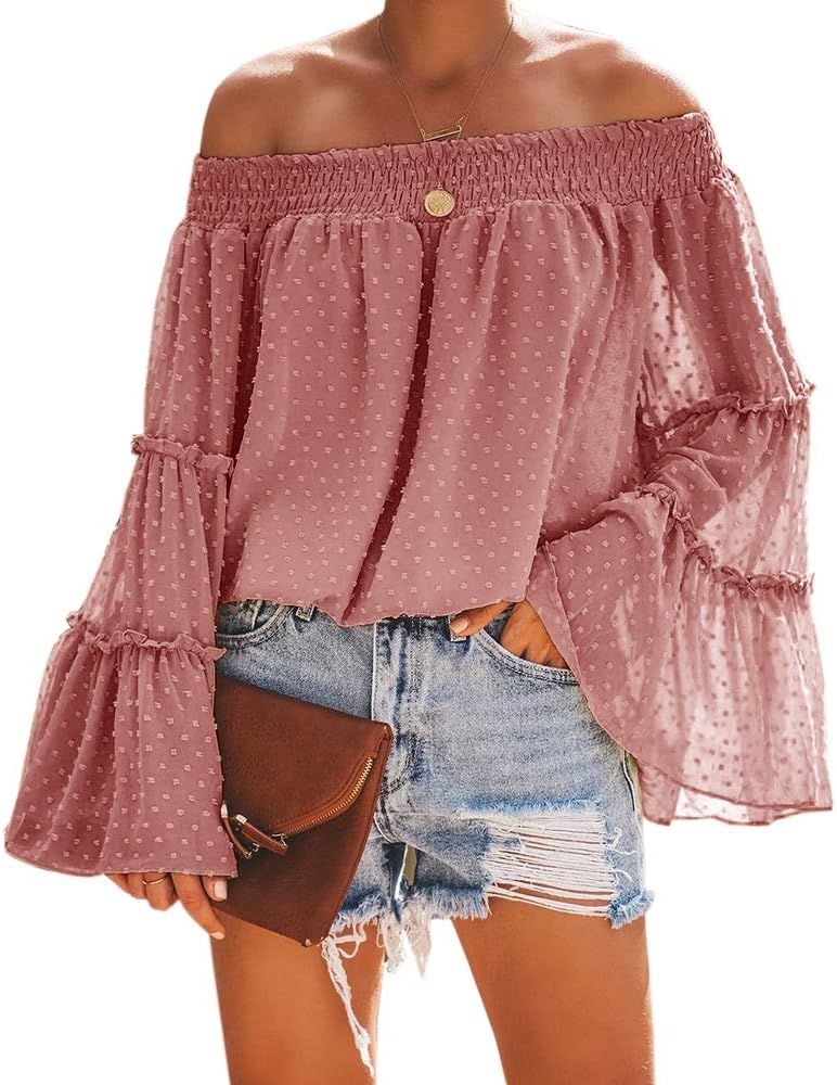 Womens Summer Off The Shoulder Tops Polka Dot Casual Loose Chiffon Bell Sleeve Blouse Shirts | Amazon (US)