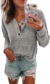 Womens Henley Shirts Long Sleeve Button Down Tops Casual Knit Sweater Blouse | Amazon (US)