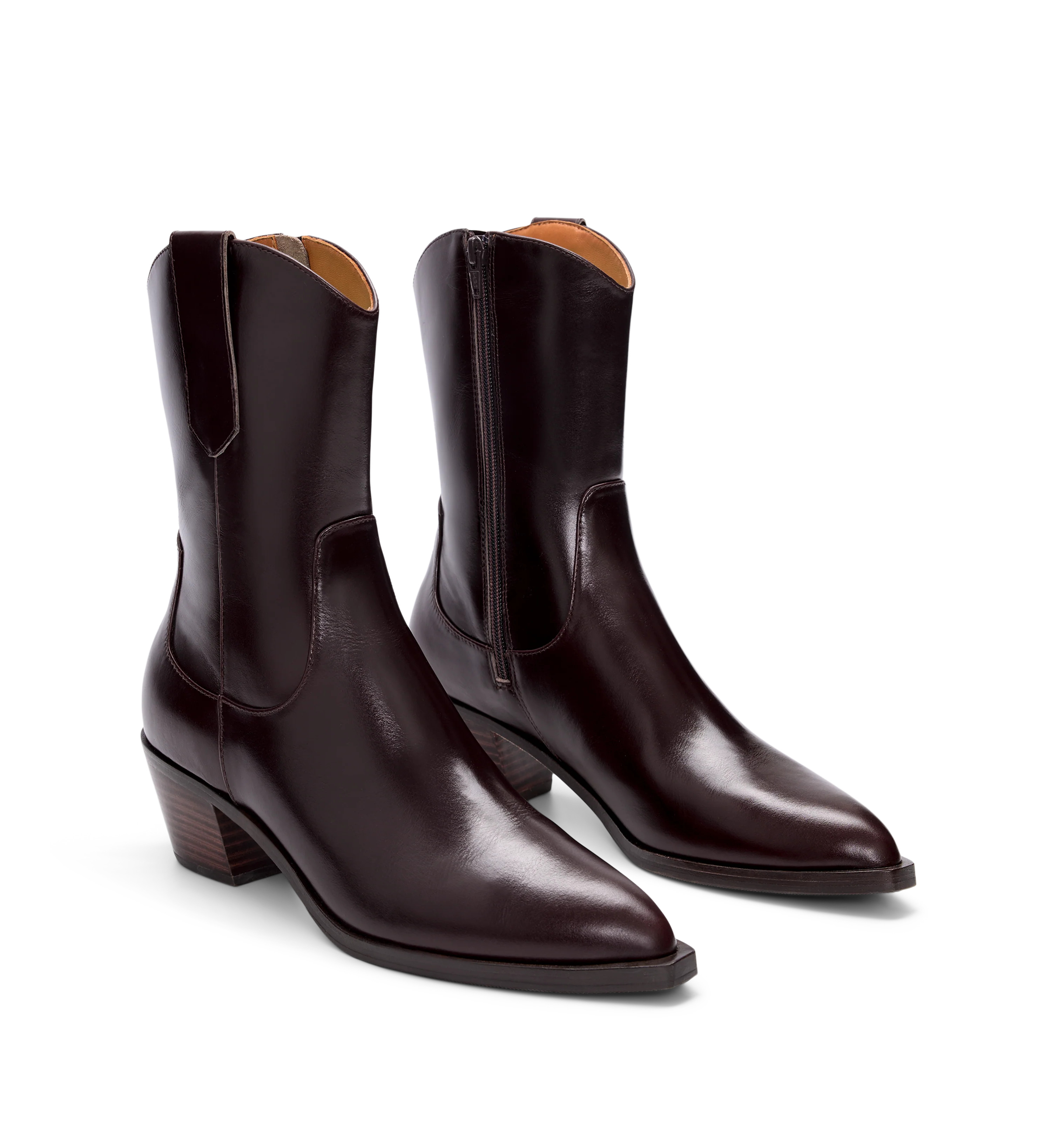 Strix Dark Oak Boxed Leather Heeled Boots | Bared Footwear | Bared Footwear