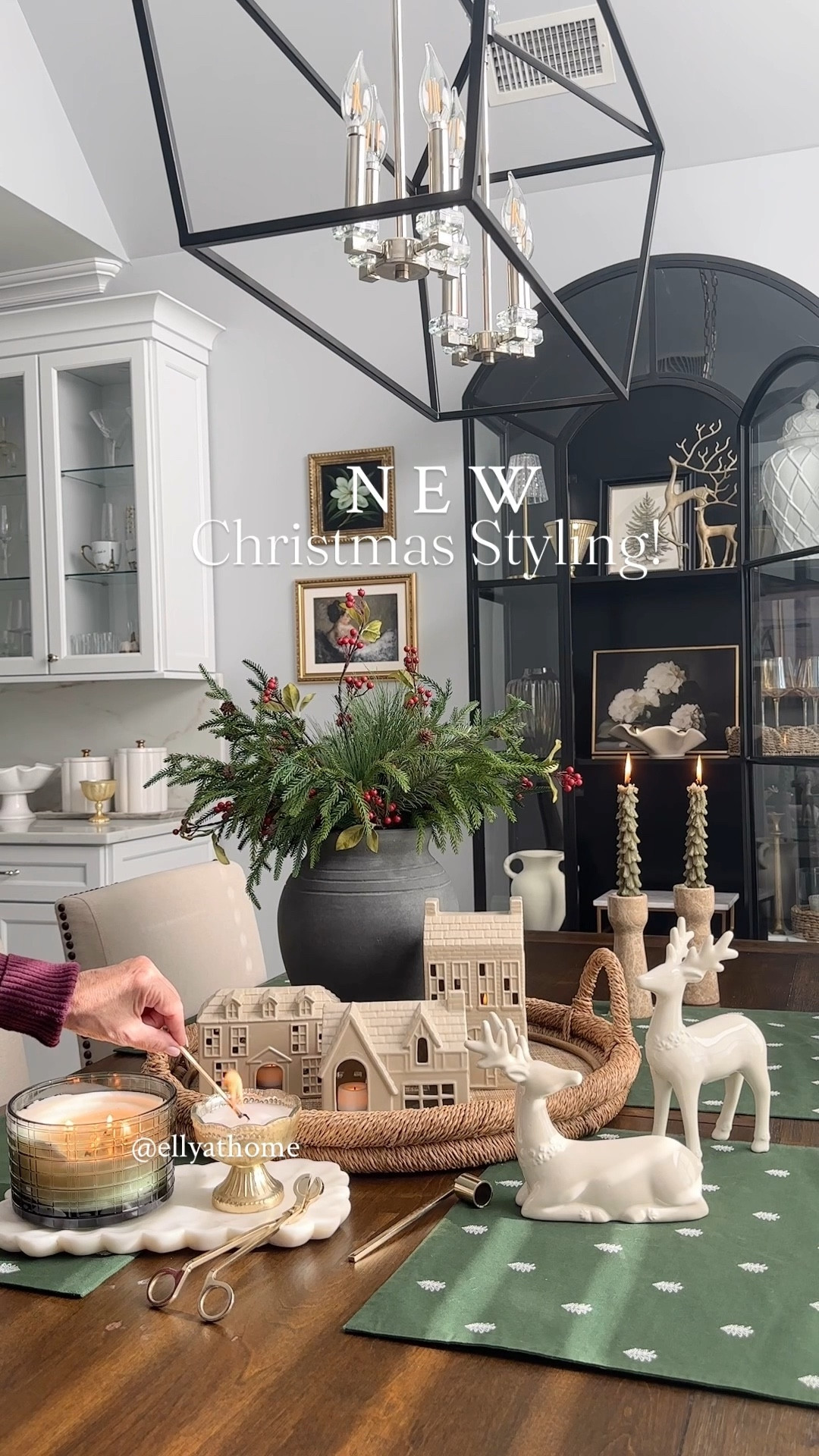 Christmas tray styling! Shop holiday houses, off white and gold reindeer, holiday candles, greenery, black vase, display cabinet, kitchen accessories, vases and more. Target, Walmart, Pottery Barn, Crate and Barrel, Anthropologie. Holiday home decor accessories. 