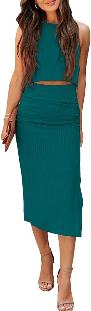 PRETTYGARDEN Women's 2 Piece Summer Outfits Crewneck Tank Tops Split Bodycon Midi Skirt Dress Set | Amazon (US)