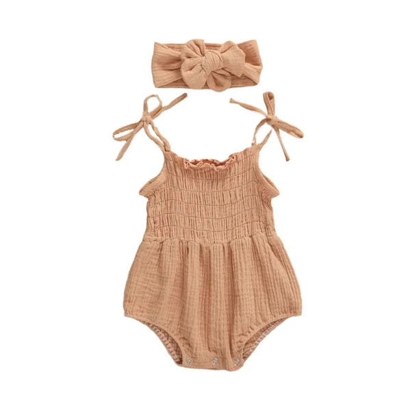 Spring hue Baby Girls Summer Romper with Hair Band Sling Shoulder Tie Outfit | Walmart (US)