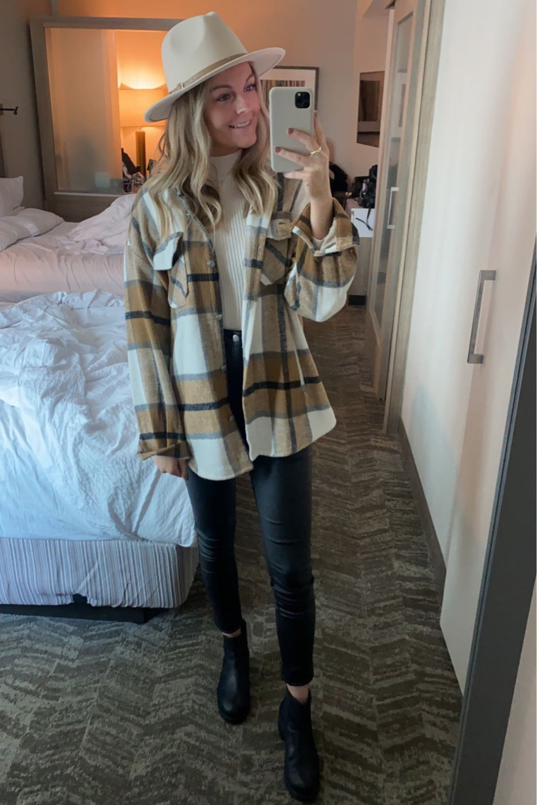 Plaid shacket. Faux leather pants. Tan fedora hat. Black booties  

#LTKstyletip #LTKfit #LTKSeasonal