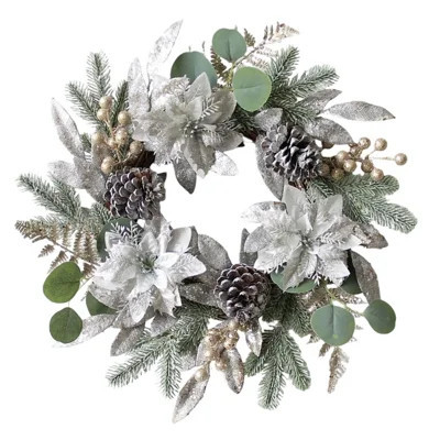 Holiday Front Door Wreath with Frosted Poinsettia, Pinecones and Eucalyptus Evergreen Branches | Wayfair North America