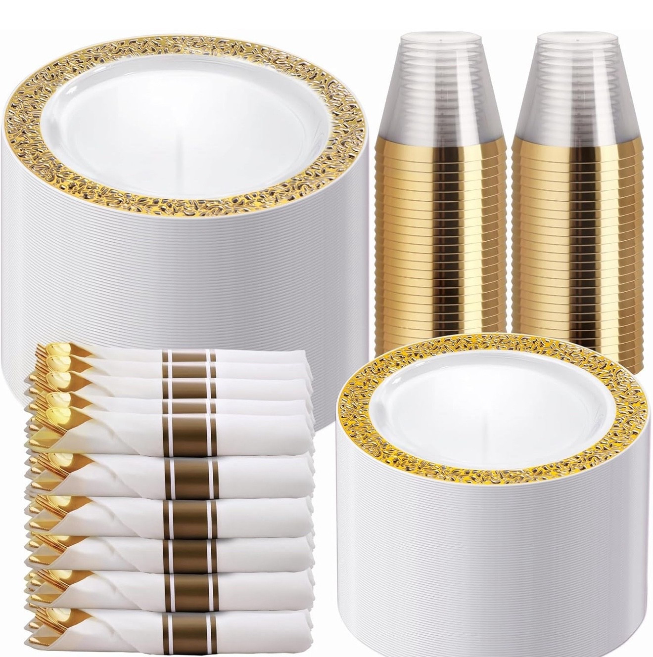 vajilla de plástico dorado, platos desechables de encaje dorado, incluyen: 50 platos de cena, 50 platos de postre, 50 servilletas preenrolladas con cubiertos dorados y 50 tazas

#LTKSeasonal #LTKU #LTKFindsUnder50