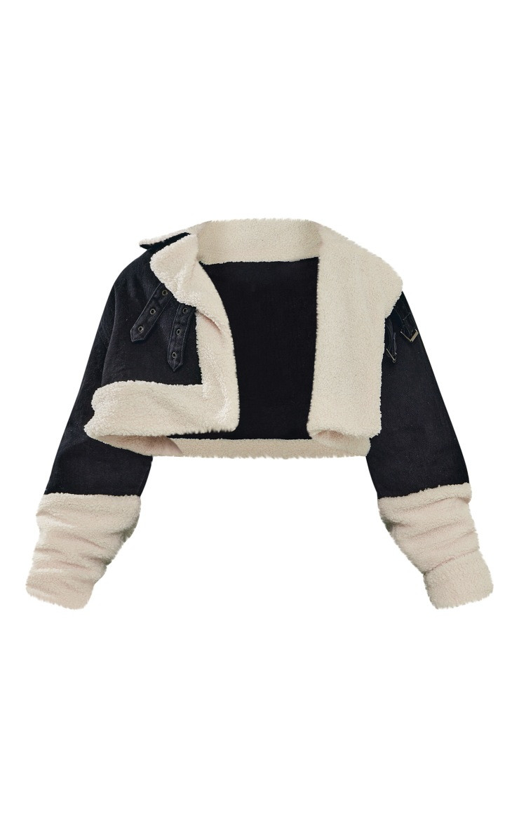 Black Cropped Denim Borg Contrast Aviator Jacket | PrettyLittleThing US