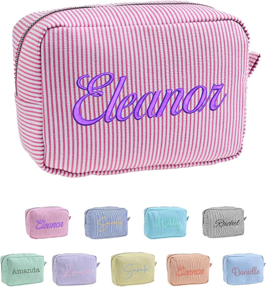 Personalized Large Seersucker Aesthetic Makeup Bag, Blue Cosmetic Bag,Cute Makeup Pouch, Embroide... | Amazon (US)