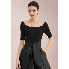 Scalloped Neckline Elbow Sleeves Knit Top in Black for Daytime Occasion & Brunch Outings | Chicwish