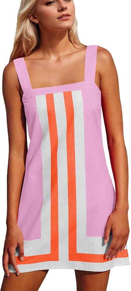 Women Striped Mini Dress Color Block Summer Square Neck Short Dress Sleeveless Backless Beach Cov... | Amazon (US)