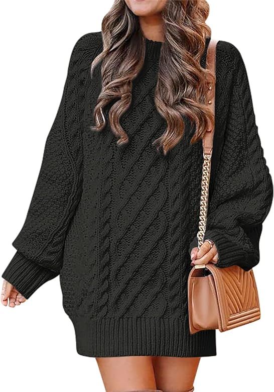 ANRABESS Women 2023 Fall Crewneck Long Sleeve Oversized Cable Knit Chunky Pullover Short Sweater Dresses | Amazon (US)