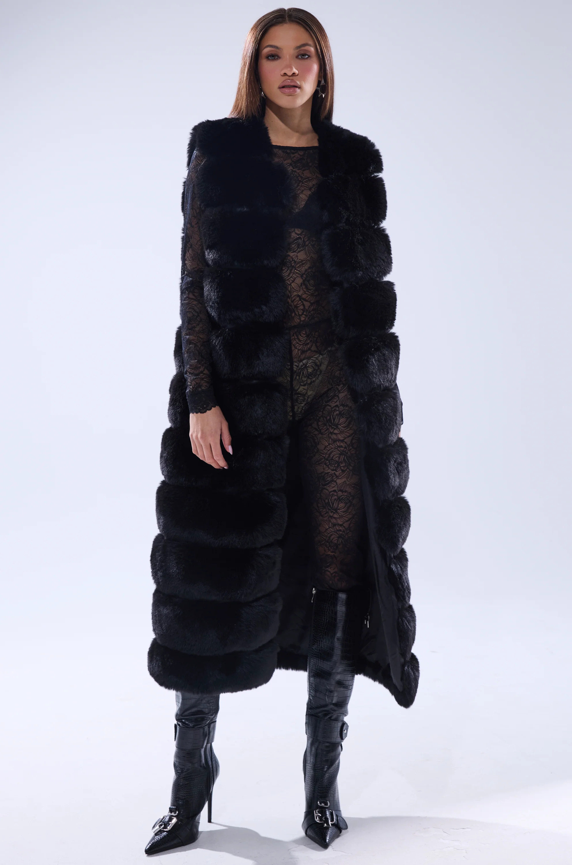 JENNY LIN FAUX FUR MAXI VEST IN BLACK | AKIRA