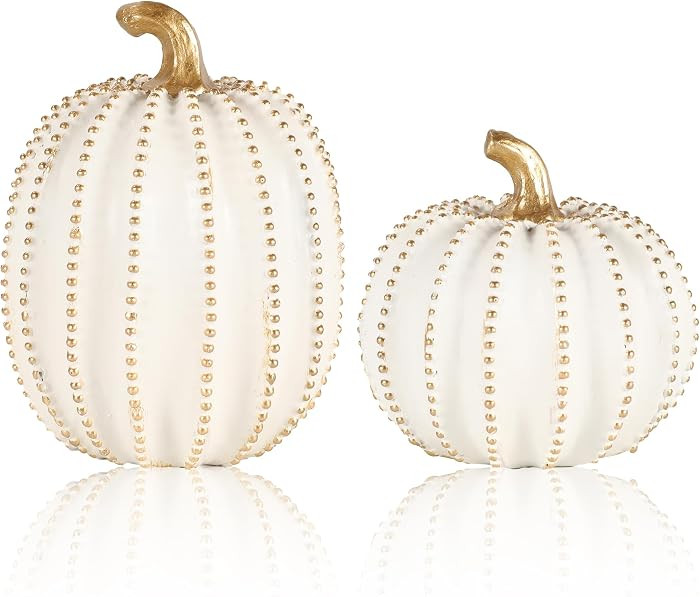 Set of 2 White & Gold Decorative Pumpkins – Resin Fall Harvest Table Centerpiece, Elegant Autumn Décor for Thanksgiving Decoration Farmhouse Home (White) | Amazon (US)