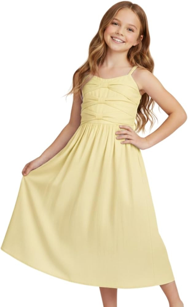 WELAKEN Girls Sleeveless Spaghetti Strap Dress with Bow Decor - Twirl-Friendly Summer Sundress | Amazon (US)