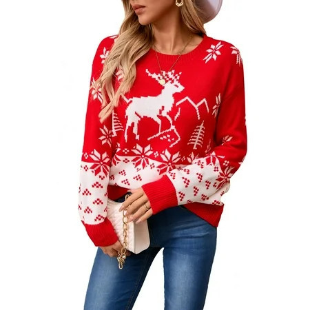 Women s Festive Red Reindeer Christmas Sweater Cozy Knit Holiday Pullover with Snowflake Design | Walmart (US)