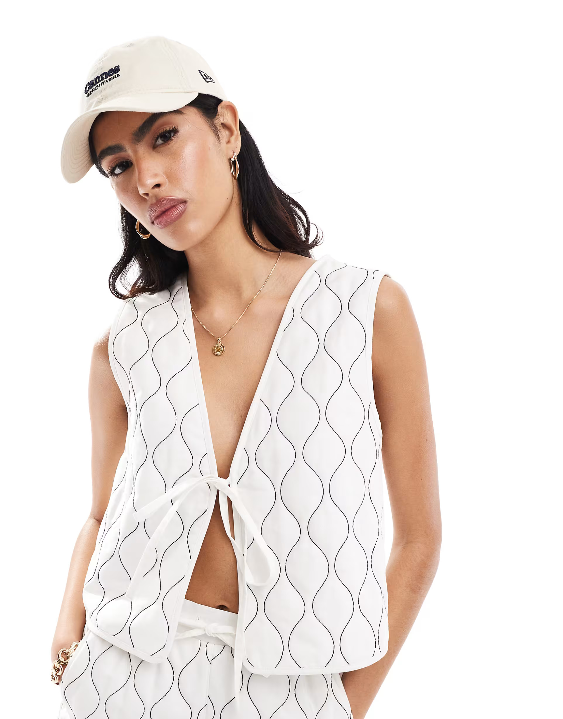 ASOS DESIGN top with tie front and quilted embroidery co-ord in white | ASOS (Global)