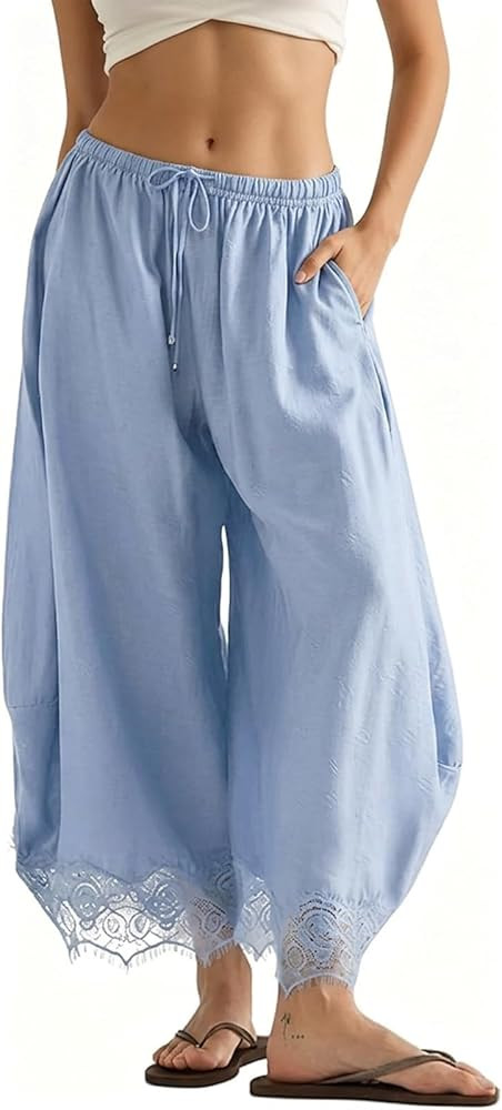 Women's Lace Trim Wide Leg Pants Baggy Cropped Casual Pants Spring Summer Lightweight Vacation Pa... | Amazon (US)